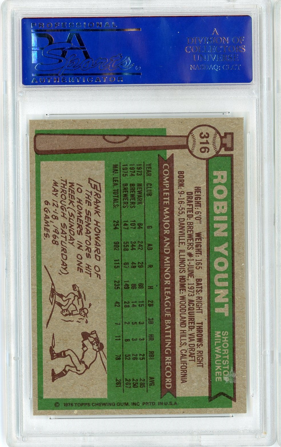 Graded 1976 Topps Robin Yount #316 2nd Year Baseball Card PSA 8 NM-MT