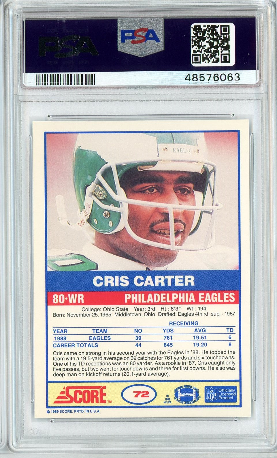 Graded 1989 Score Cris Carter #72 Rookie RC Football Card PSA 9 Mint - Sport Cards