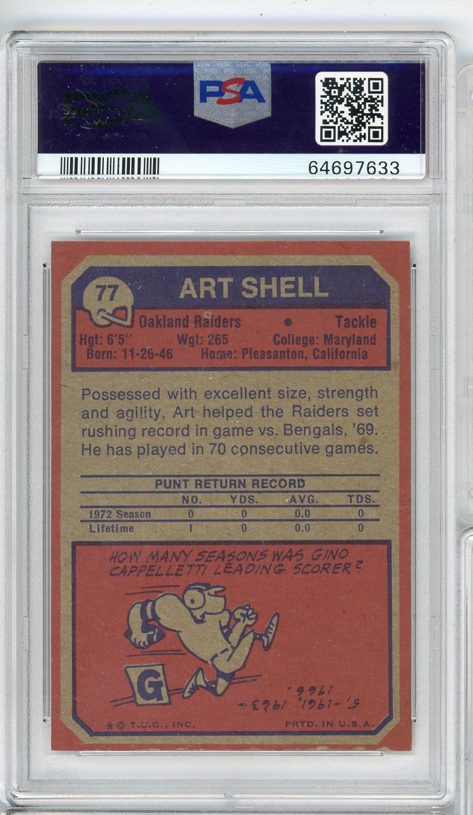 Graded 1973 Topps Art Shell #77 Rookie RC Football Card PSA 6 EX-MT - Sport Cards