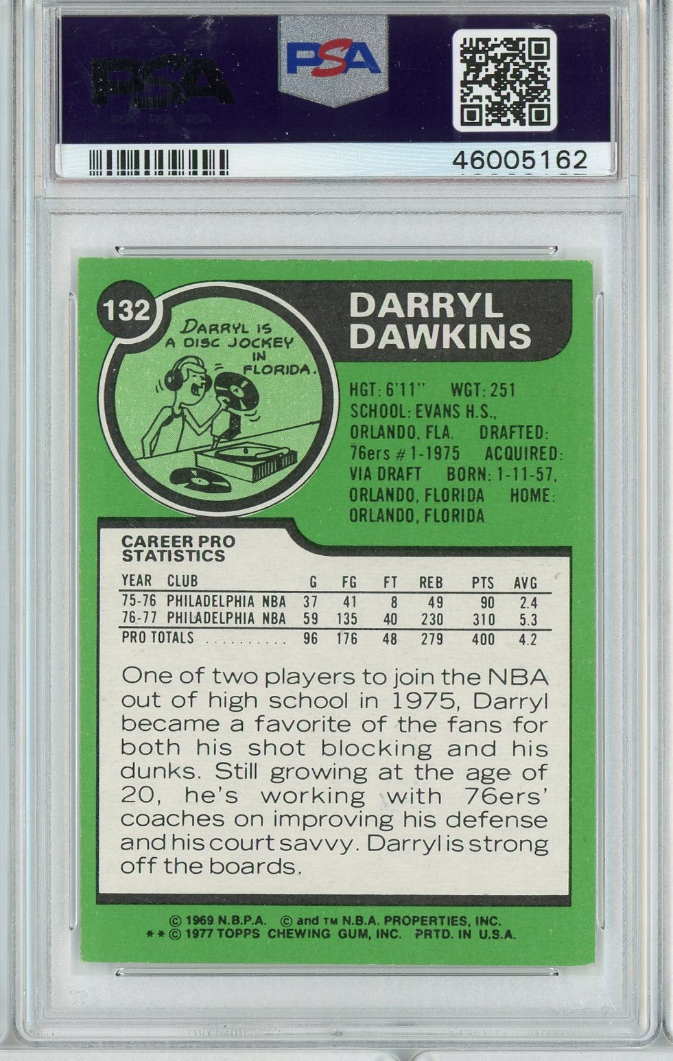 Graded 1977 Topps Darryl Dawkins #132 Rookie RC Basketball Card PSA 7 Near Mint - Sport Cards