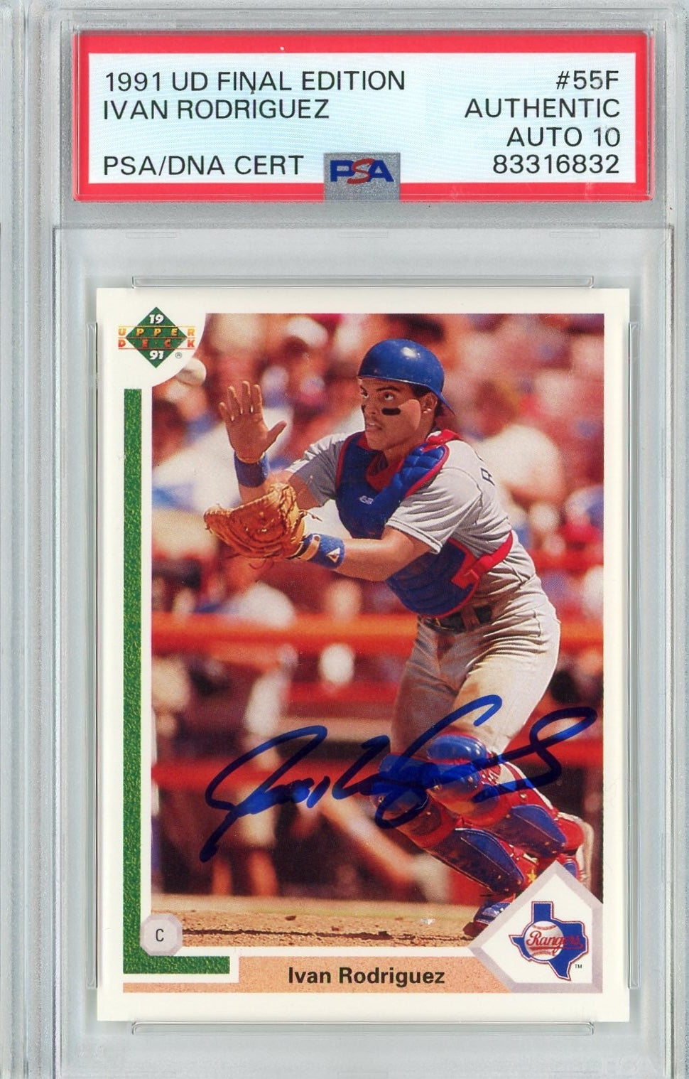 Graded 1991 Upper Deck UD Final Edition Ivan Pudge Rodriguez #55F Rookie RC Baseball Card PSA 10 Auto Grade Gem Mint