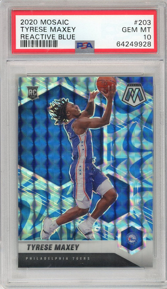 Graded 2020 Panini Mosaic Tyrese Maxey #203 Reactive Blue Rookie RC Basketball Card PSA 10 Gem Mint