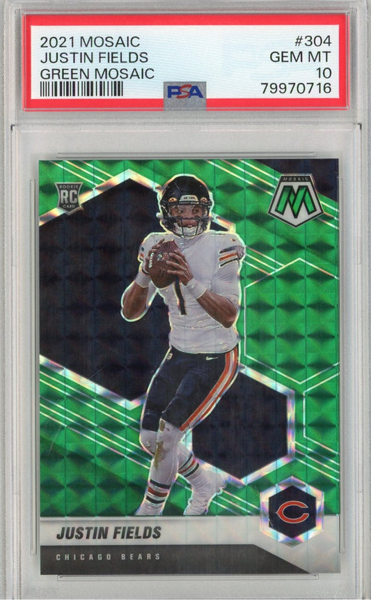 Graded 2021 Panini Mosaic Justin Fields #304 Green Mosaic Rookie RC Football Card PSA 10 Gem Mint