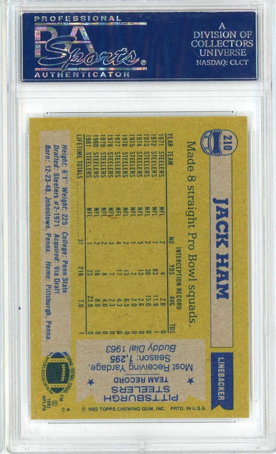 Graded 1982 Topps Jack Ham #210 Football Card PSA 9 Mint - Sport Cards