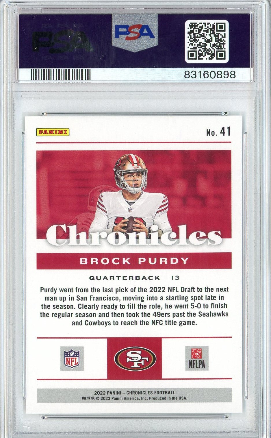 Graded 2022 Panini Chronicles Brock Purdy #41 Rookie RC Football Card PSA 10 Gem Mint