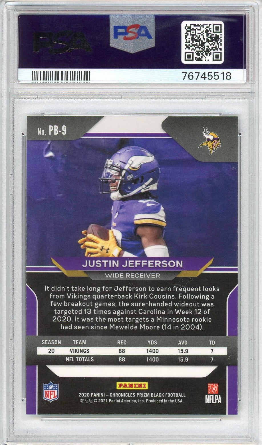 Graded 2020 Panini Chronicles Justin Jefferson #PB9 Prizm Black Rookie RC Football Card PSA 10 Gem Mint