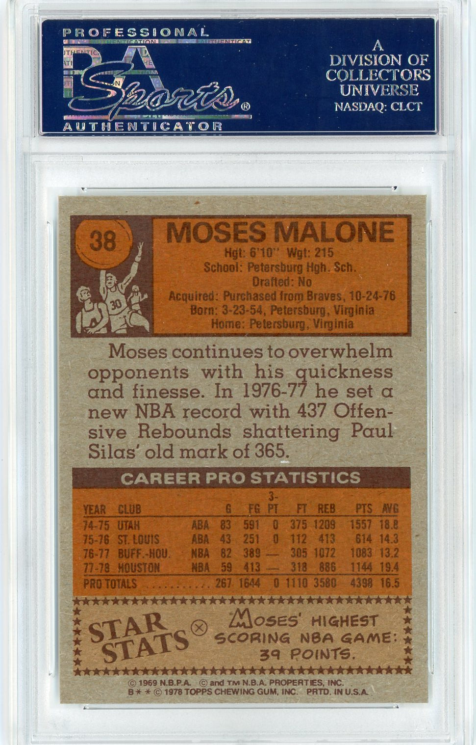 Graded 1978 Topps Moses Malone #38 Basketball Card PSA 9 Mint - Sport Cards
