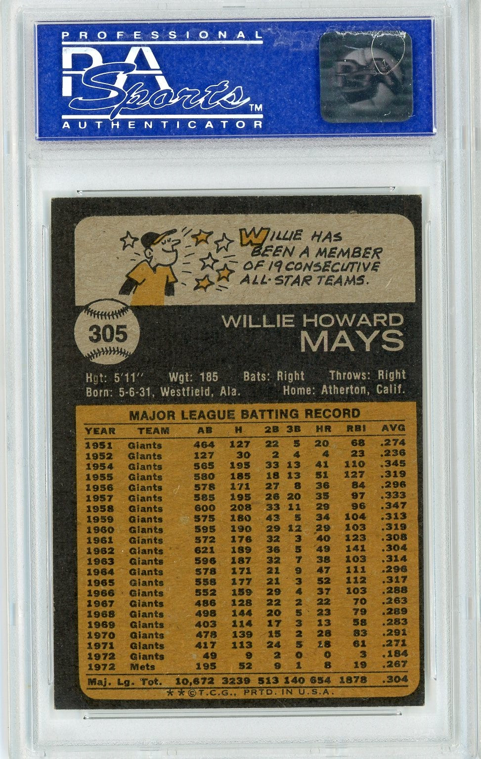 Graded 1973 Topps Willie Mays #305 Baseball Card PSA 6 EX-MT