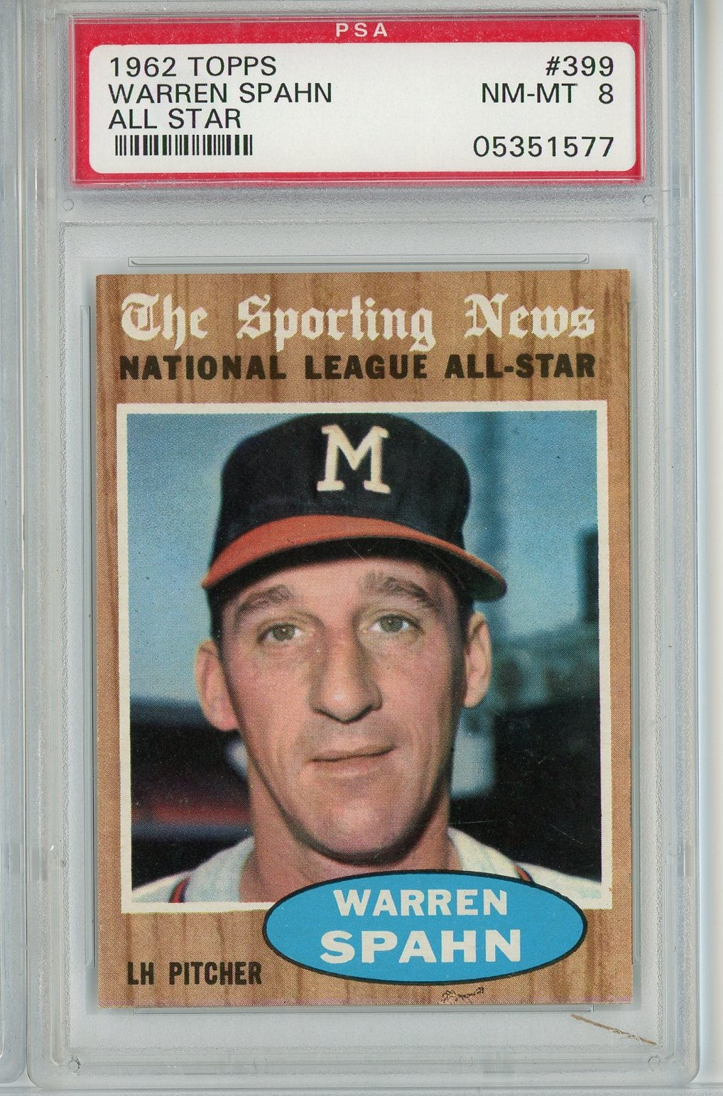 Graded 1962 Topps All Star Warren Spahn #399 Baseball Card PSA 8 NM-MT