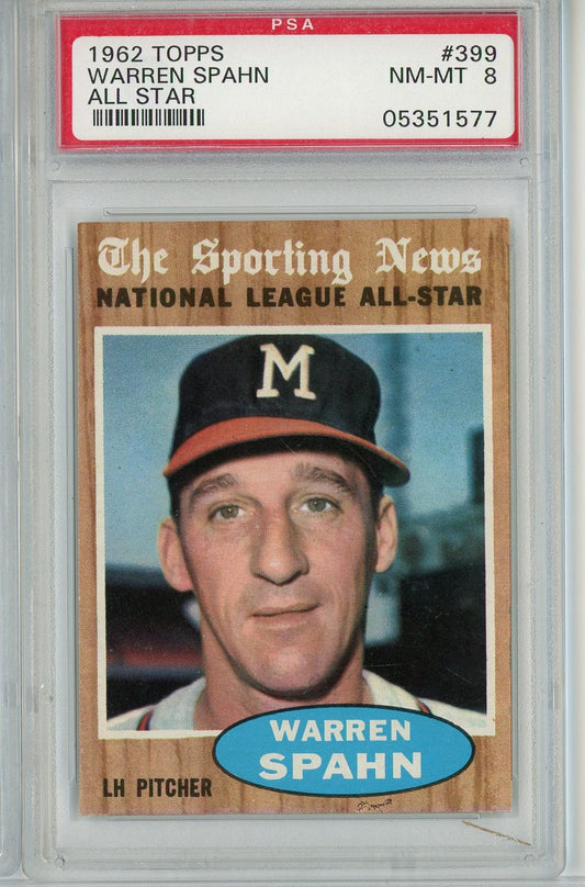 Graded 1962 Topps All Star Warren Spahn #399 Baseball Card PSA 8 NM-MT