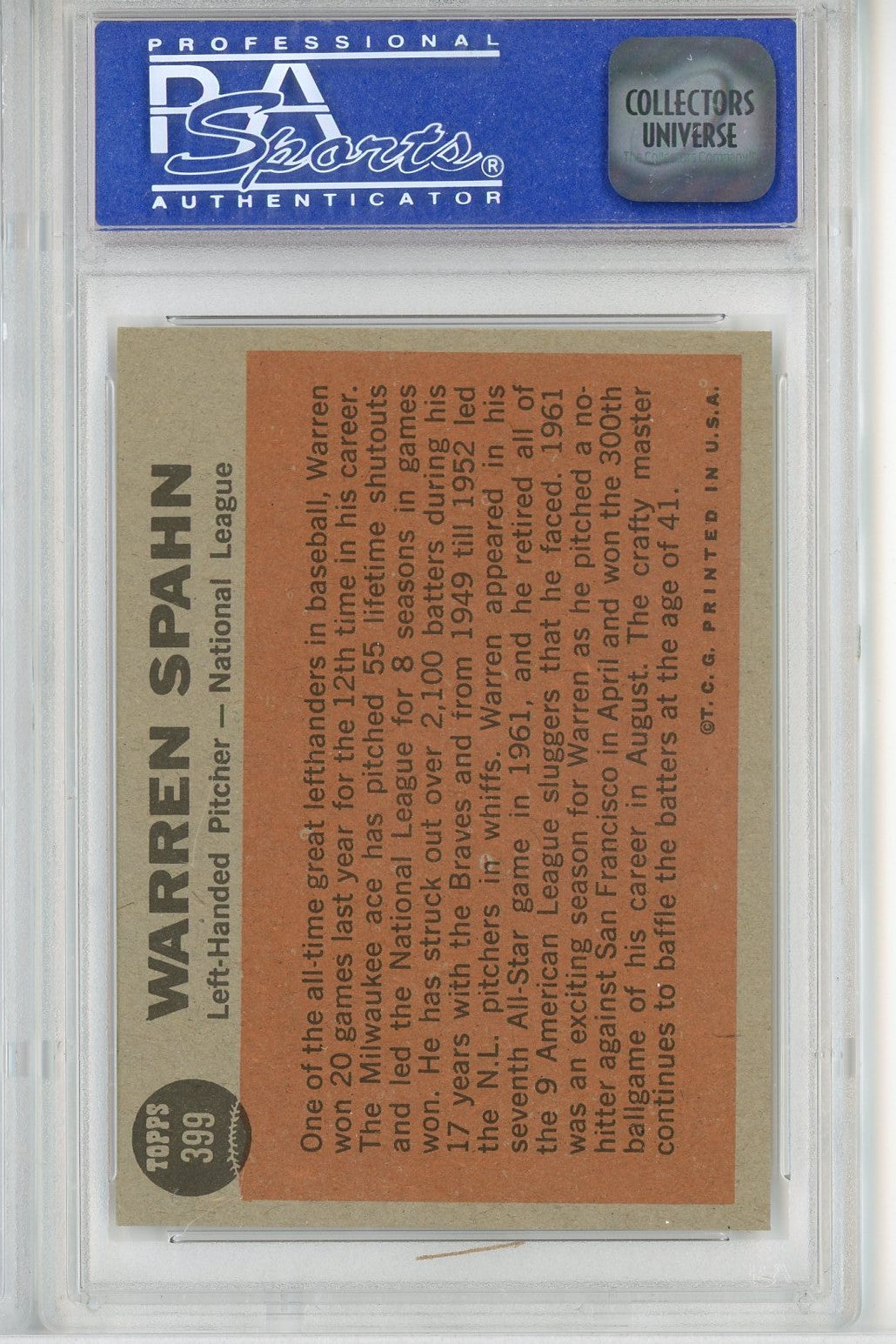 Graded 1962 Topps All Star Warren Spahn #399 Baseball Card PSA 8 NM-MT