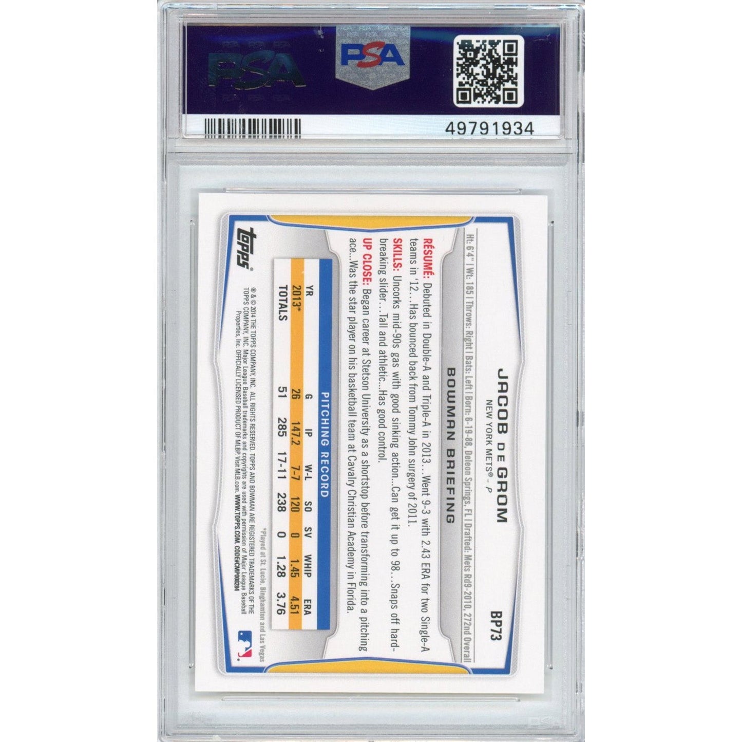 Graded 2014 Bowman Prospects Jacob DeGrom #BP73 Rookie RC Baseball Card PSA 10 Gem Mint