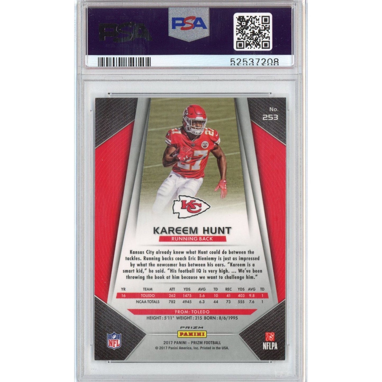 Graded 2017 Panini Prizm Kareem Hunt #253 Prizm Rookie RC Football Card PSA 10 Gem Mint - Sport Cards