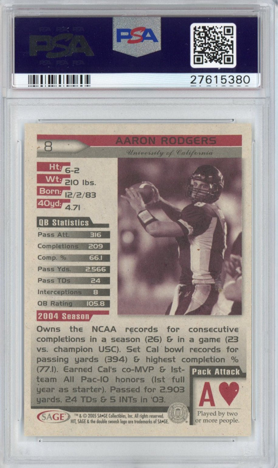 Graded 2005 Sage SA-GE Hit Aaron Rodgers #8 Rookie RC Football Card PSA 10 Gem Mint