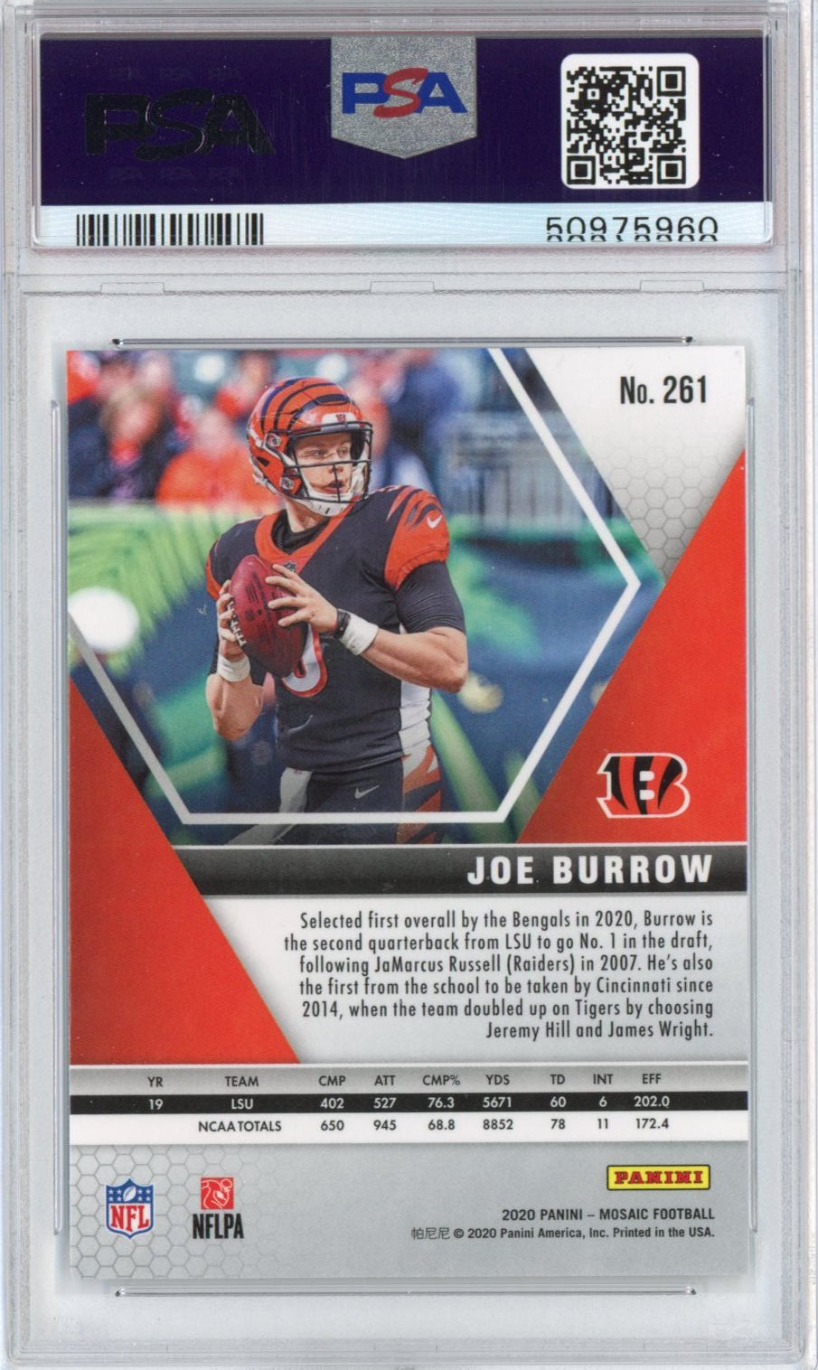 Graded 2020 Panini Mosaic Joe Burrow #261 Rookie RC Football Card PSA 9 Mint