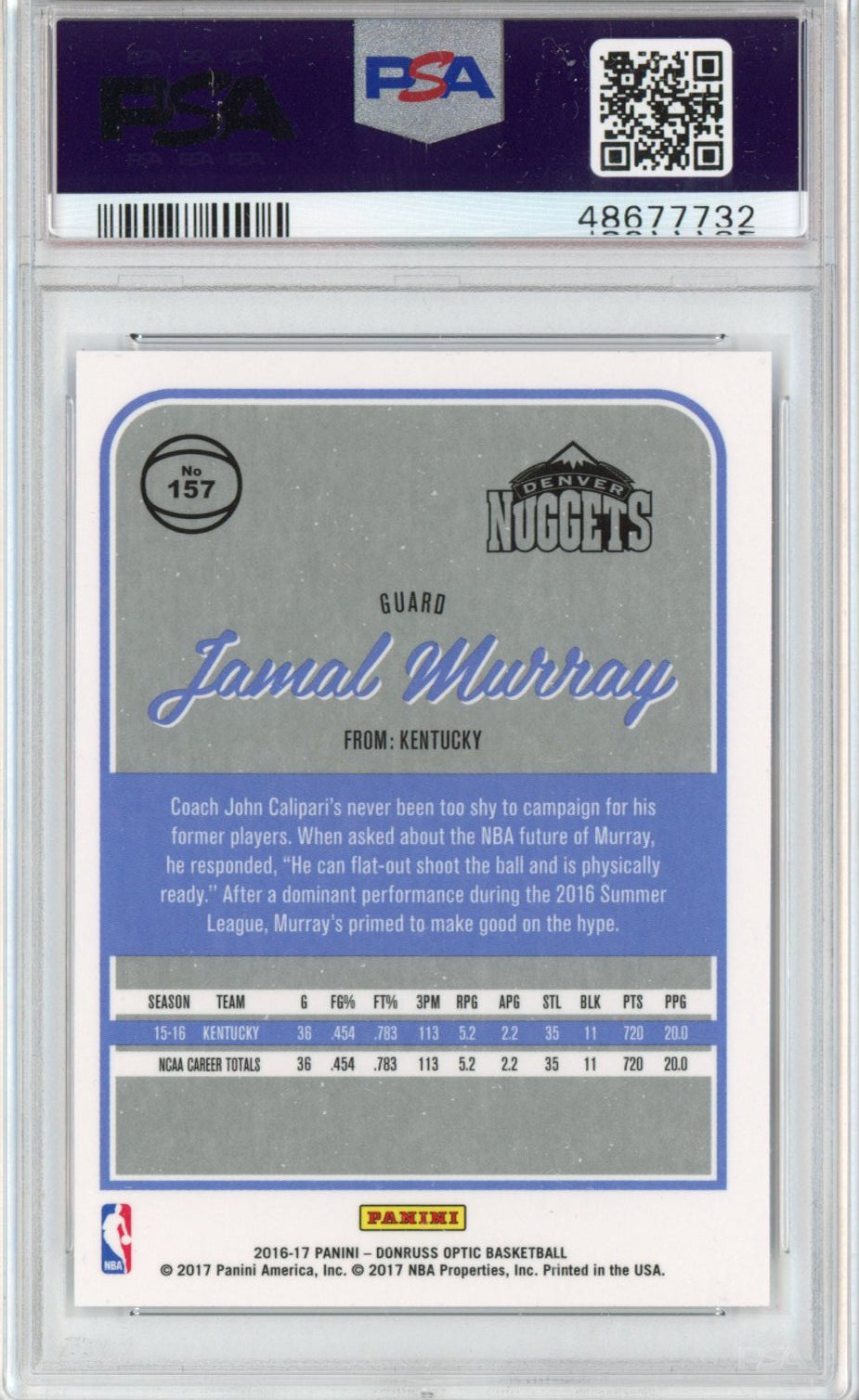 Graded 2016-17 Panini Donruss Optic Jamal Murray #157 Rookie RC Basketball Card PSA 10 Gem Mint