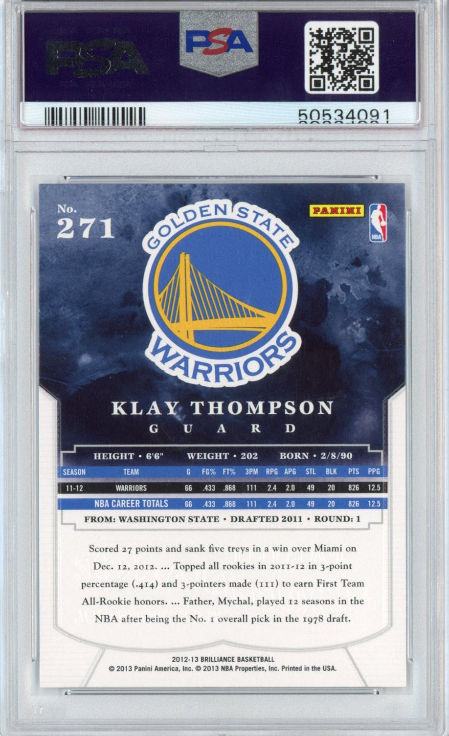 Graded 2012-13 Panini Brilliance Klay Thompson #271 Rookie RC Basketball Card PSA 10 Gem Mint
