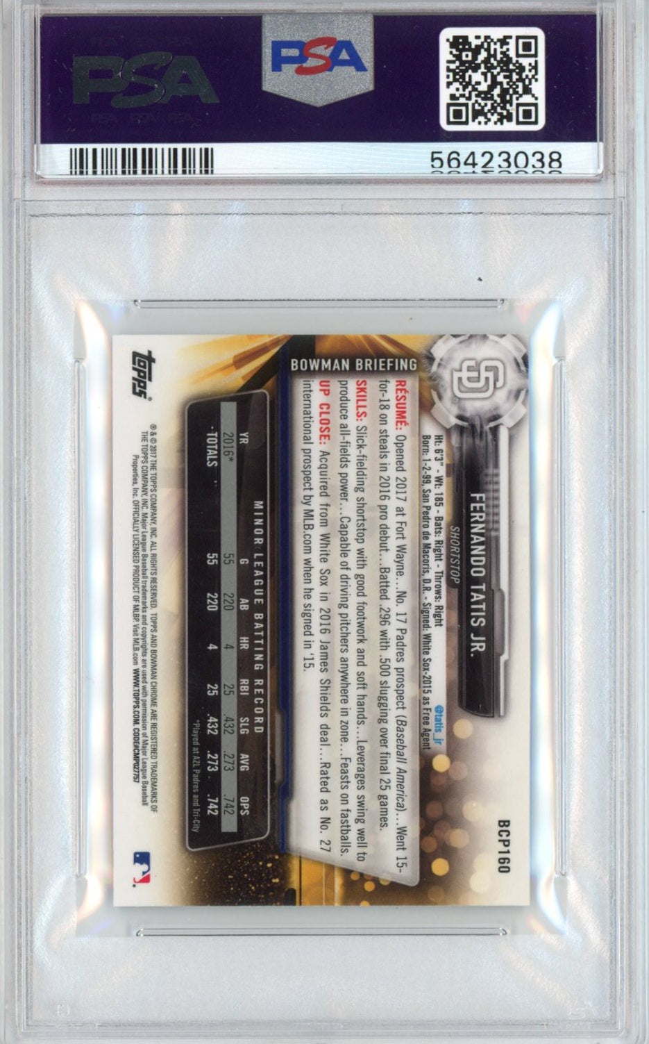 Graded 2017 Bowman Chrome Mini Fernando Tatis Jr. #BCP160 Prospects Rookie RC Baseball Card PSA 10 Gem Mint