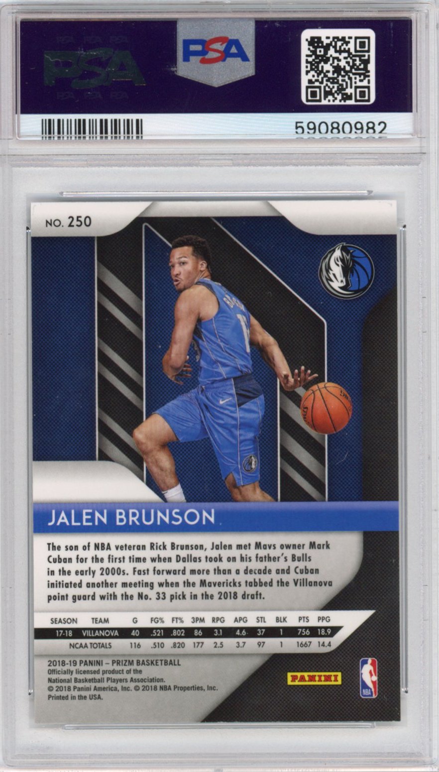 Graded 2018-19 Panini Prizm Jalen Brunson #250 Rookie RC Basketball Card PSA 10 Gem Mint - Sport Cards
