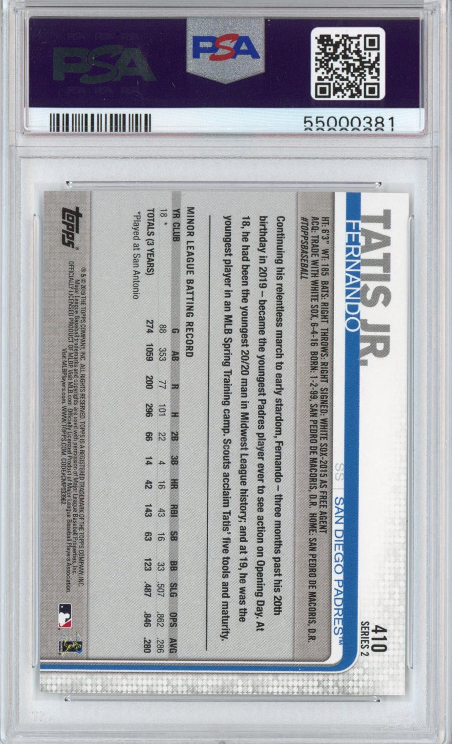 Graded 2019 Topps Complete Set Fernando Tatis Jr. #410 Throwing All-Star Game Rookie RC Baseball Card PSA 10 Gem Mint
