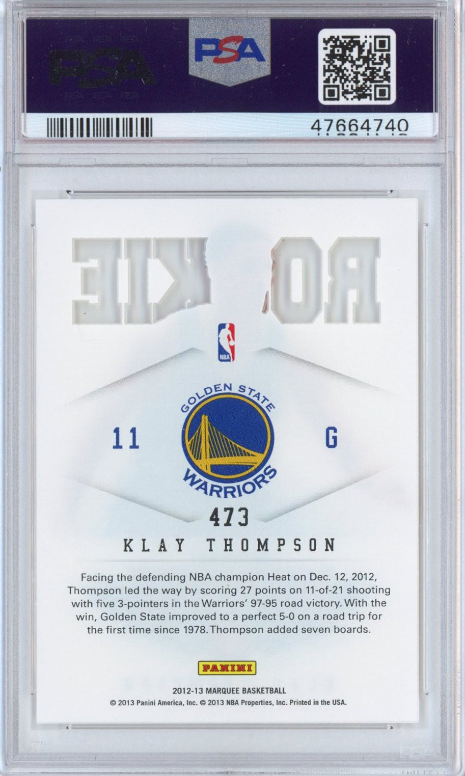 Graded 2012-13 Panini Marquee Klay Thompson #473 Rookie RC Basketball Card PSA 10 Gem Mint