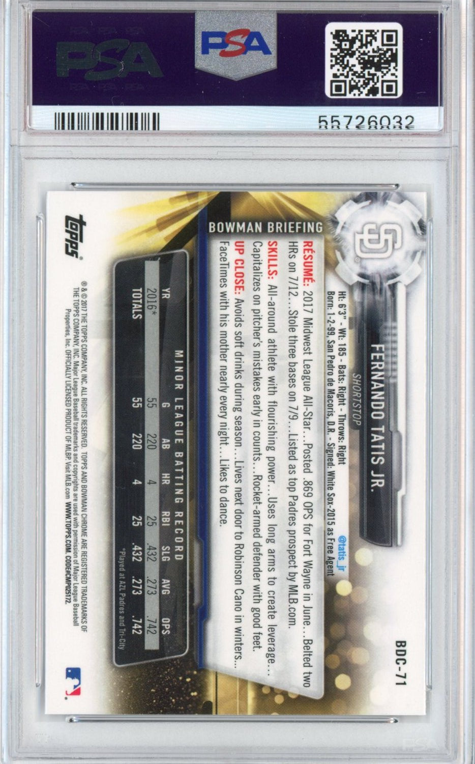 Graded 2017 Topps Bowman Draft Fernando Tatis Jr. #BDC71 Chrome Rookie RC Baseball Card PSA 10 Gem Mint