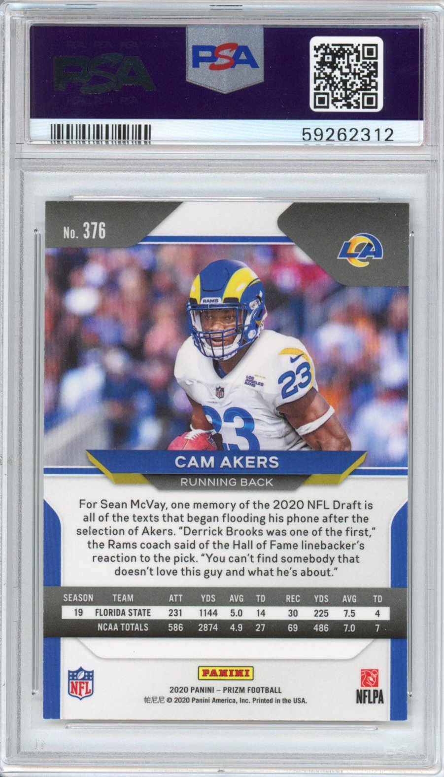 Graded 2020 Panini Prizm Cam Akers #376 Rookie RC Football Card PSA 10 Gem Mint