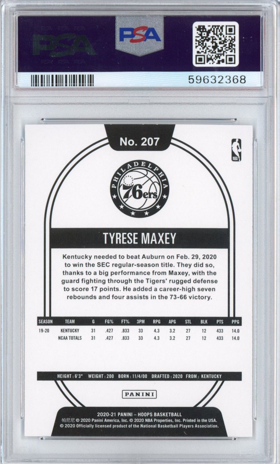 Graded 2020-21 Panini Hoops Tyrese Maxey #207 Rookie RC Basketball Card PSA 10 Gem Mint - Sport Cards