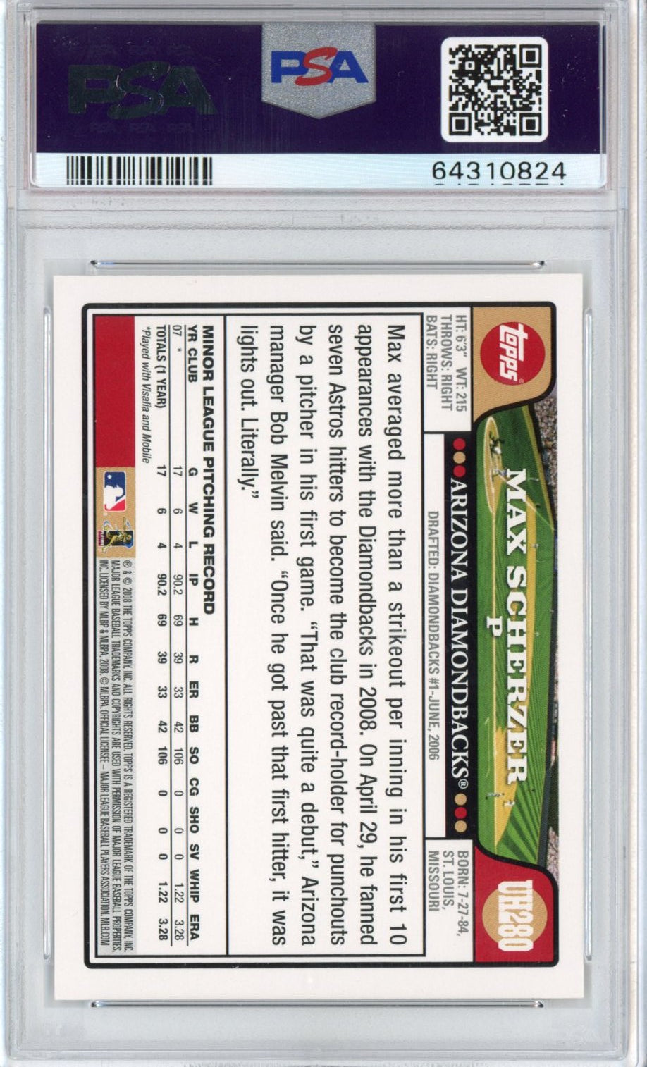 Graded 2008 Topps Update & Highlights Max Scherzer #UH280 Rookie RC Baseball Card PSA 9 Mint