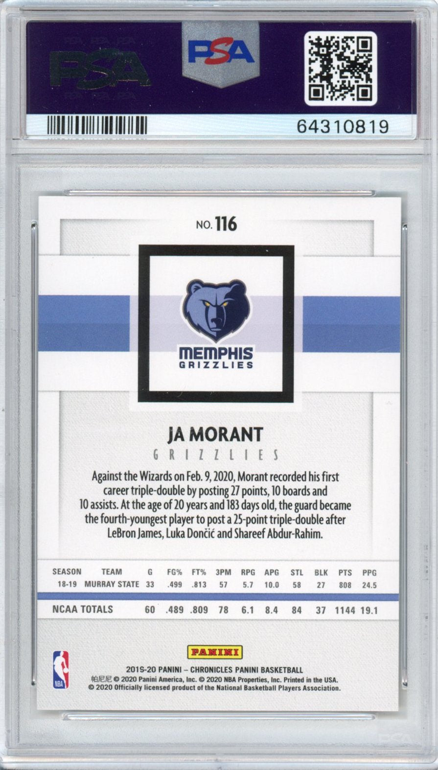 Graded 2019-20 Panini Chronicles Ja Morant #116 Young Dolph Key Glock Rookie RC Basketball Card PSA 9 Mint