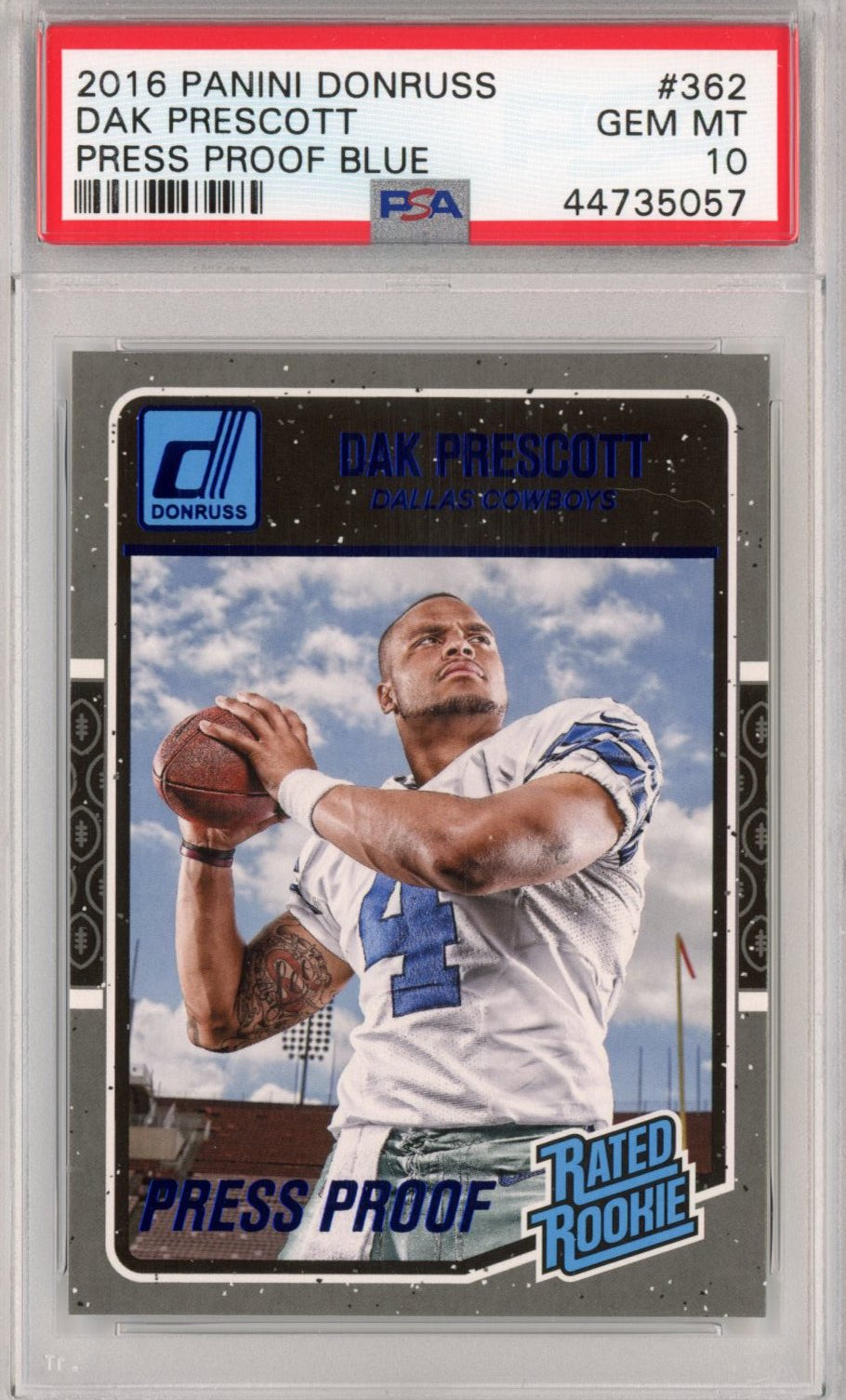 Graded 2016 Panini Donruss Dak Prescott #362 Press Proof Blue Rookie RC Football Card PSA 10 Gem Mint