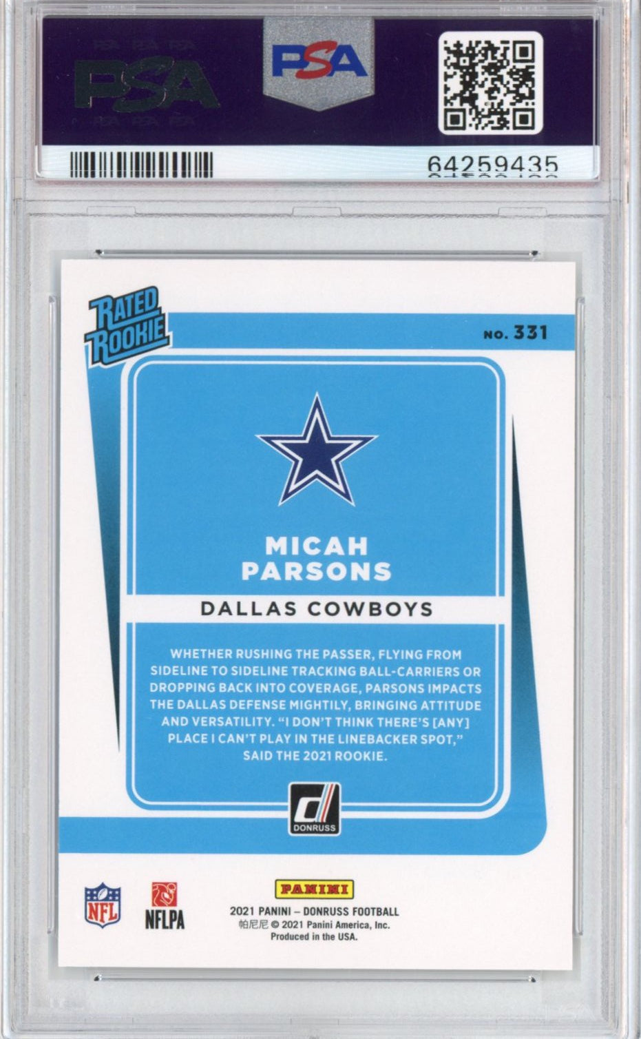 Graded 2021 Panini Donruss Micah Parsons #331 Rated Rookie RC Football Card PSA 10 Gem Mint