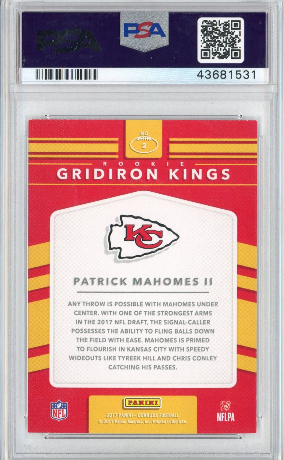 Graded 2017 Panini Donruss Patrick Mahomes II #2 Rookie Gridiron Kings Rookie RC Football Card PSA 10 Gem Mint