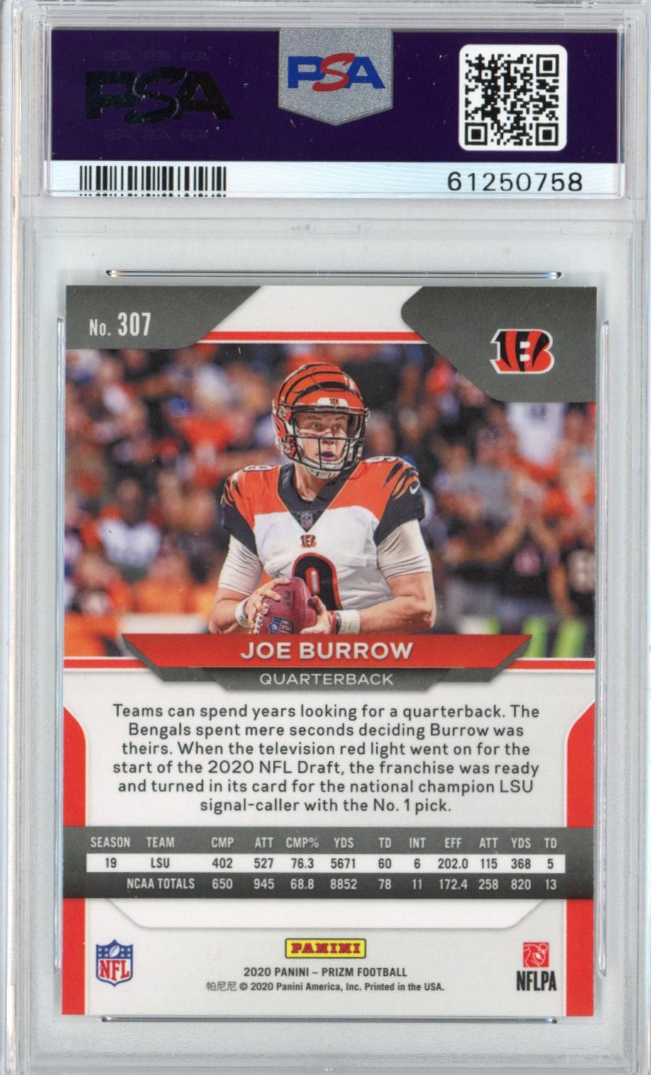 Graded 2020 Panini Prizm Joe Burrow #307 Rookie RC Football Card PSA 10 Gem Mint