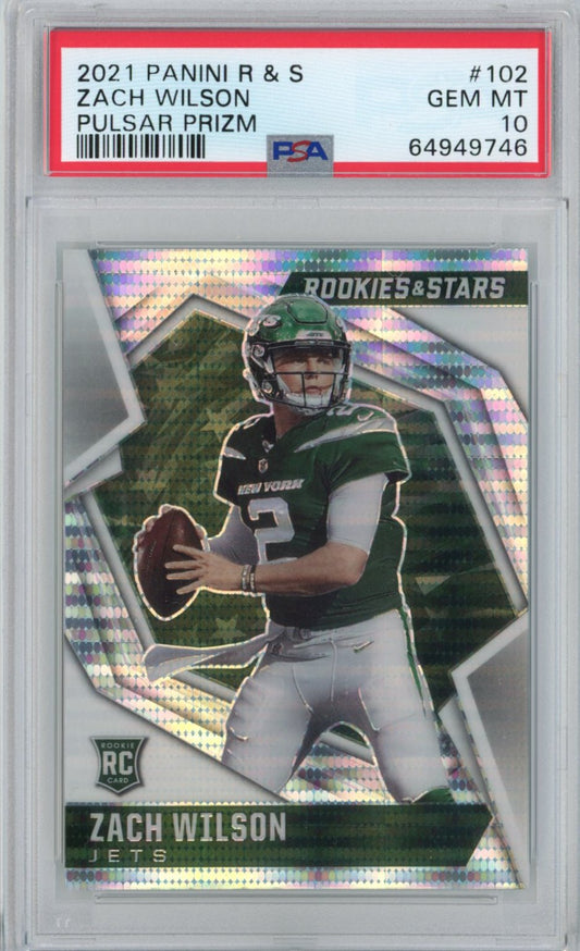 Graded 2021 Panini Rookies & Stars Zach Wilson #102 Pulsar Prizm Rookie RC Football Card PSA 10 Gem Mint