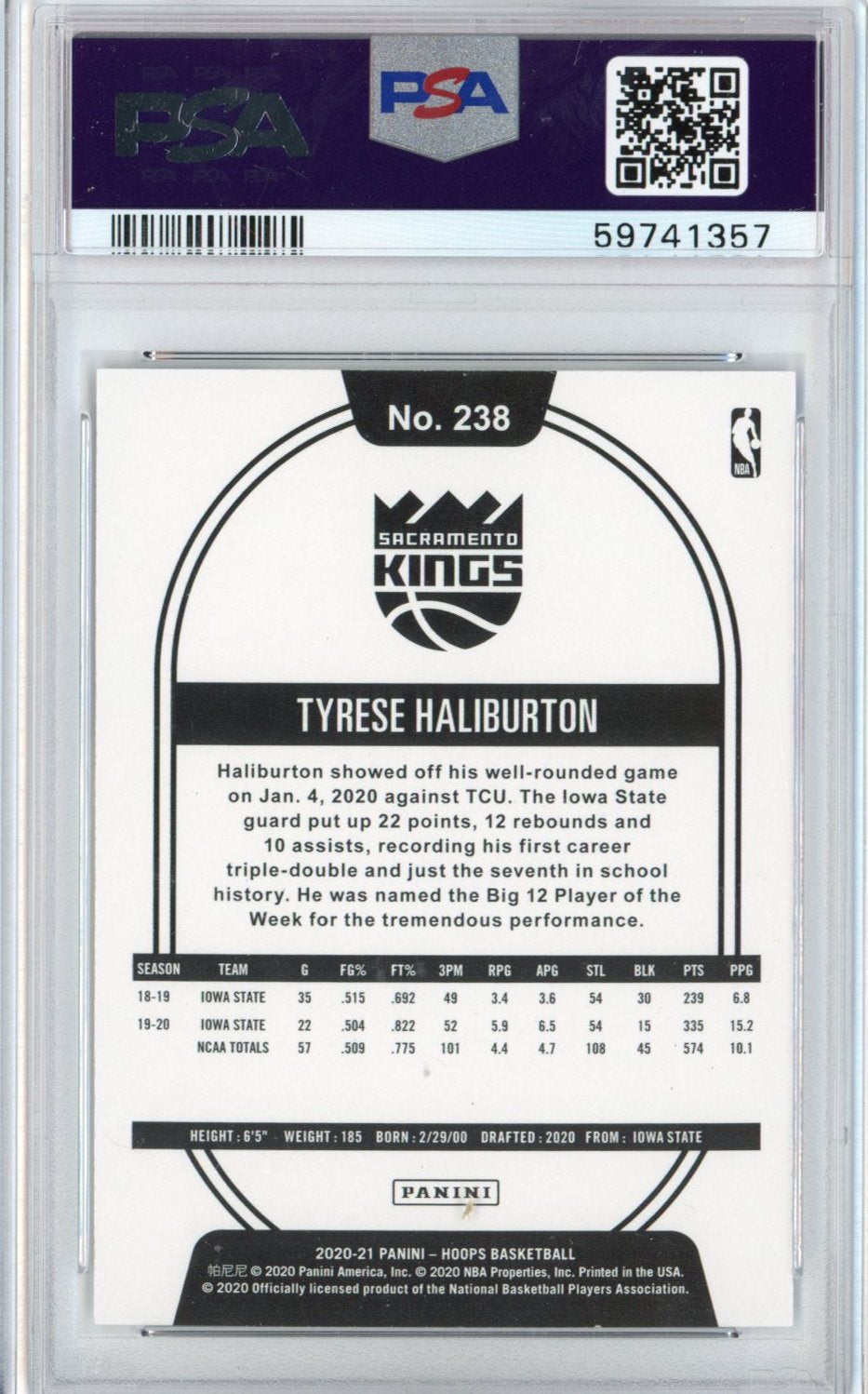 Graded 2020-21 Panini Hoops Tyrese Haliburton #238 Rookie RC Basketball Card PSA 10 Gem Mint