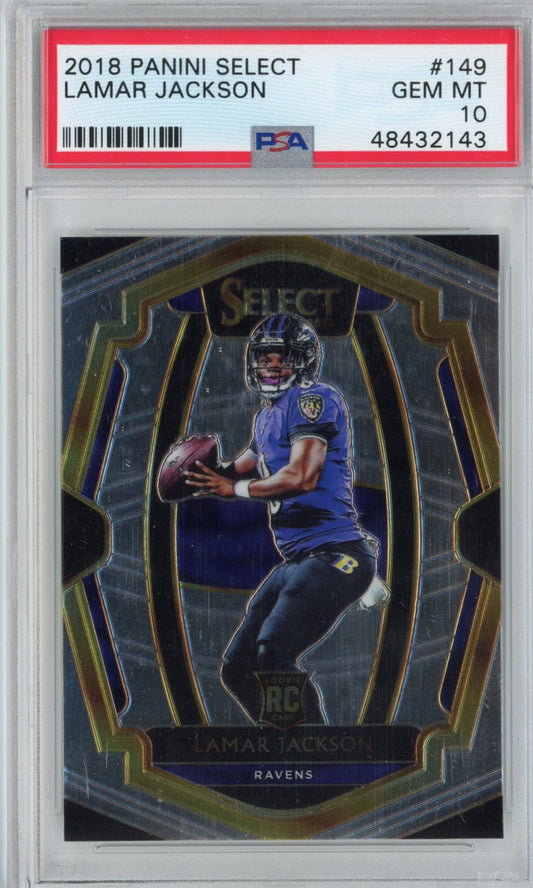 Graded 2018 Panini Select Lamar Jackson #149 Premier Level Rookie RC Football Card PSA 10 Gem Mint