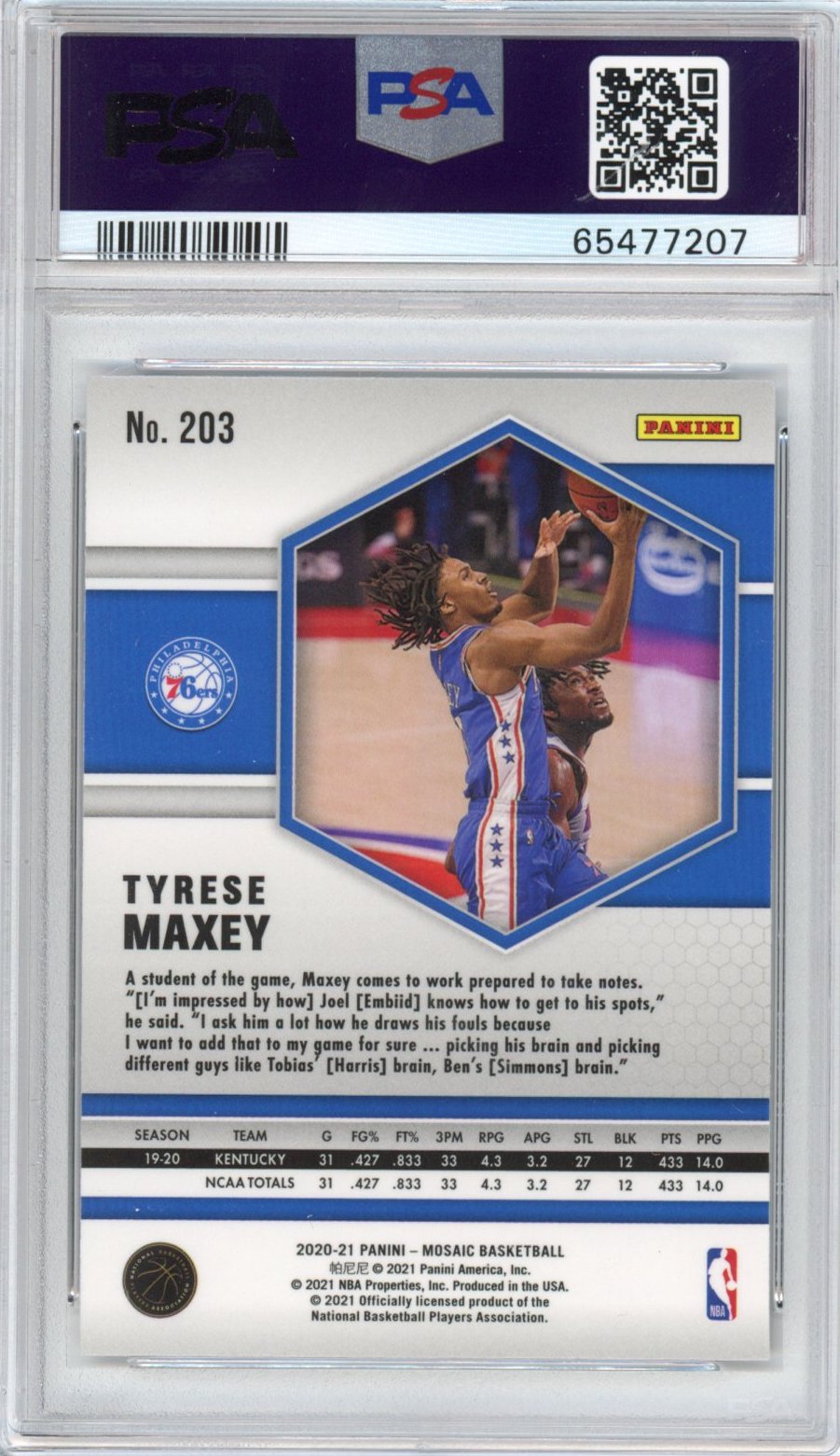Graded 2020-21 Panini Mosaic Tyrese Maxey #203 Rookie RC Basketball Card PSA 10 Gem Mint - Sport Cards