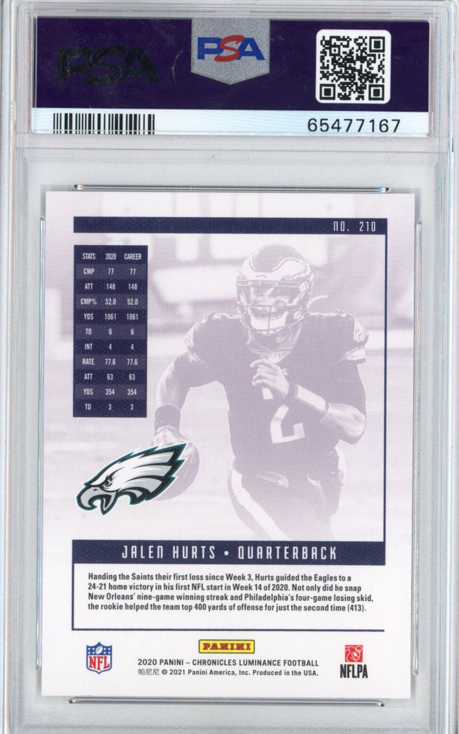 Graded 2020 Panini Chronicles Jalen Hurts #210 Luminance Rookie RC Football Card PSA 10 Gem Mint