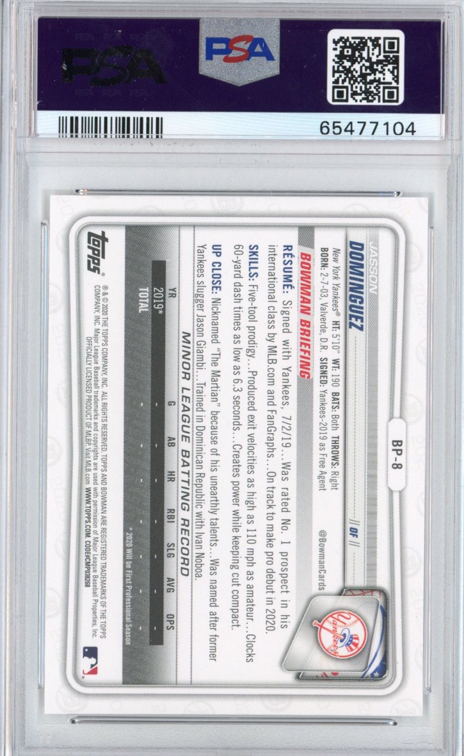 Graded 2020 Bowman Paper Prospects Jasson Dominguez #BP8 Rookie RC Baseball Card PSA 10 Gem Mint