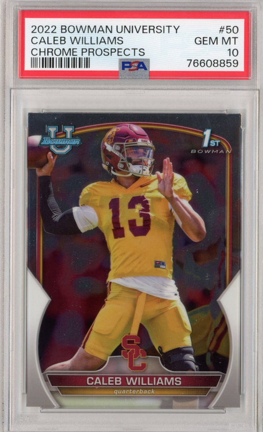 Graded 2022 Topps Bowman University Caleb Williams #50 Chrome Prospects Rookie RC Football Card PSA 10 Gem Mint