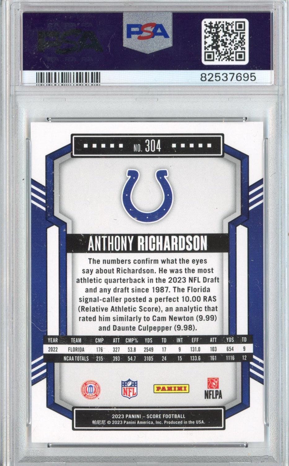 Graded 2023 Panini Score Anthony Richardson #304 Rookie RC Football Card PSA 10 Gem Mint