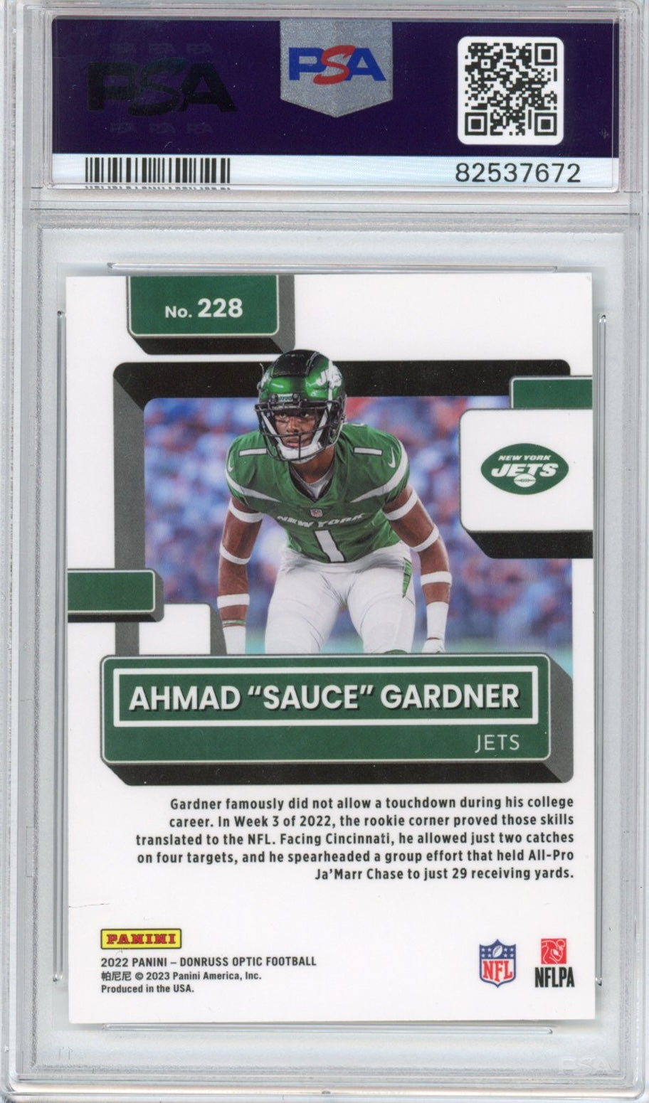 Graded 2022 Panini Donruss Optic Ahmad Sauce Gardner #228 Rookie RC Football Card PSA 9 Mint