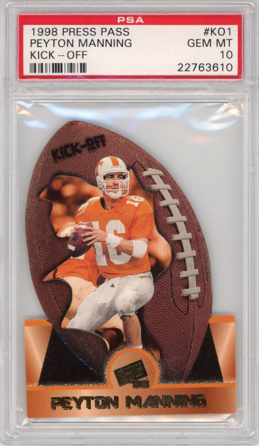 Graded 1998 Press Pass Peyton Manning #KO1 Kick Off Rookie RC Football Card PSA 10 Gem Mint