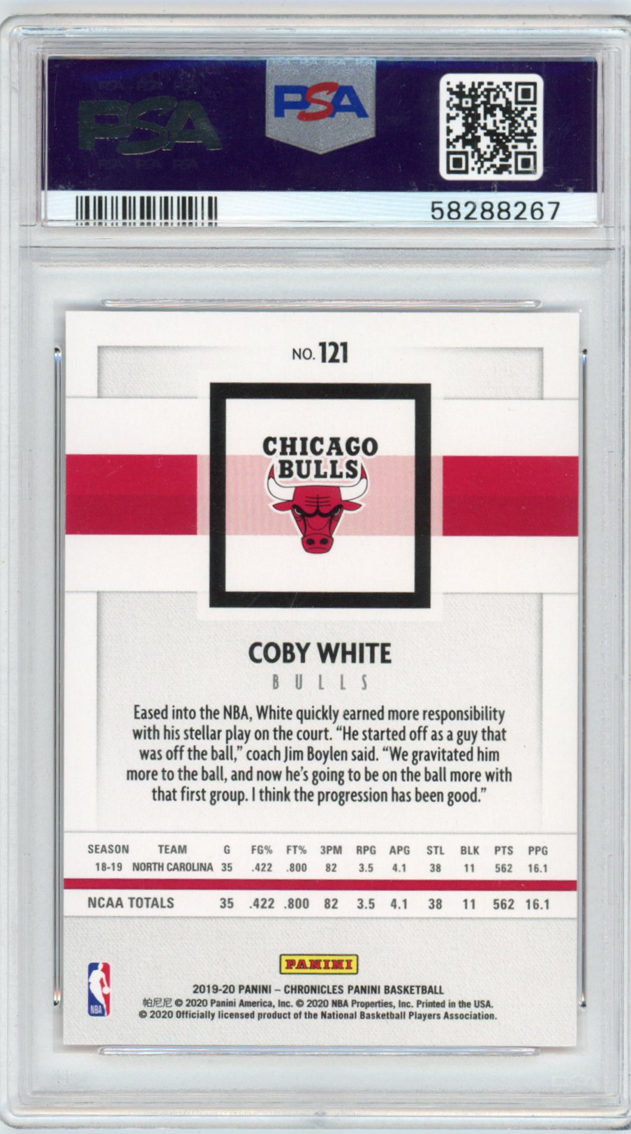 Graded 2019 Panini Chronicles Coby White #121 Rookie RC Basketball Card PSA 9 Mint - Sport Cards