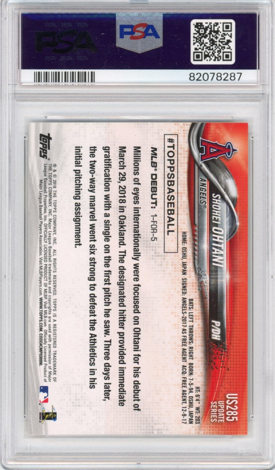 Graded 2018 Topps Update Shohei Ohtani #US285 Rookie RC Baseball Card PSA 10 Gem Mint