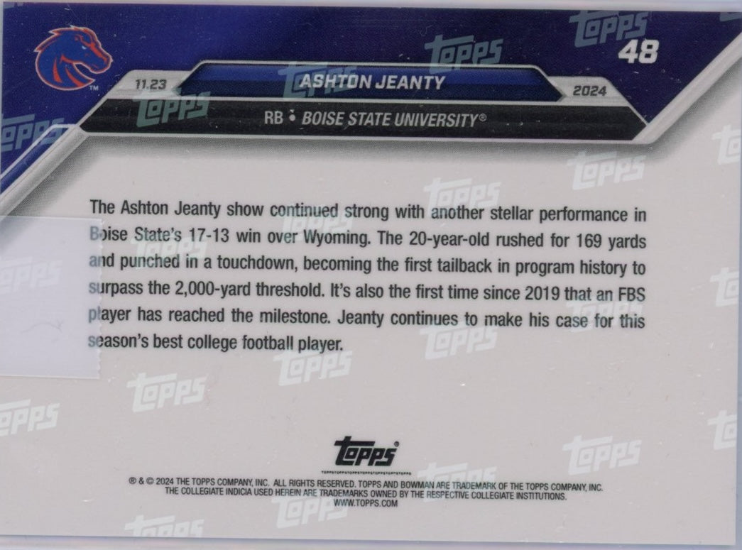 2024 Topps Bowman U Now Ashton Jeanty #48 Purple #/25 Boise State Broncos Rookie RC Football Card