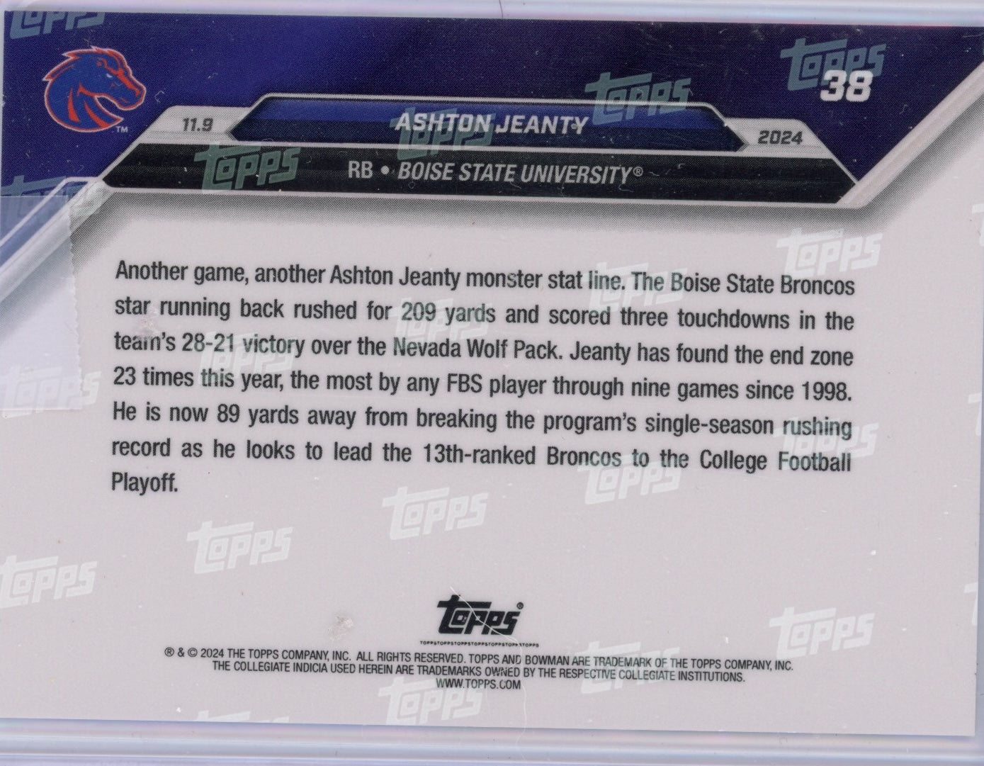 2024 Topps Bowman U Now Ashton Jeanty #38 Blue #/49 Boise State Broncos Rookie RC Football Card
