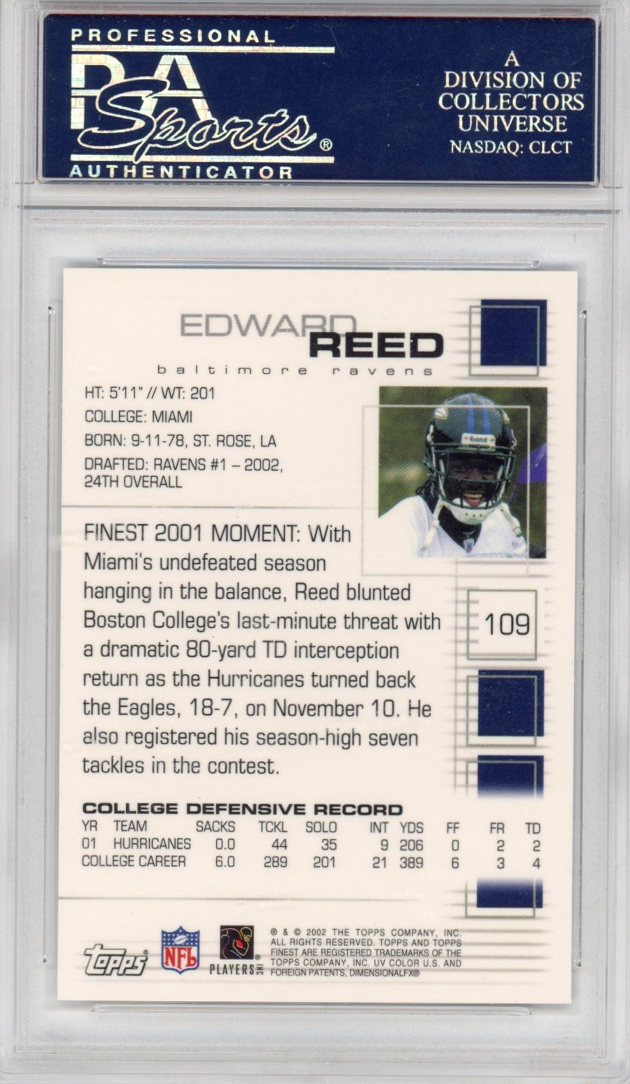 Graded 2002 Topps Finest Ed Reed #109 Rookie RC Football Card PSA 10 Gem Mint