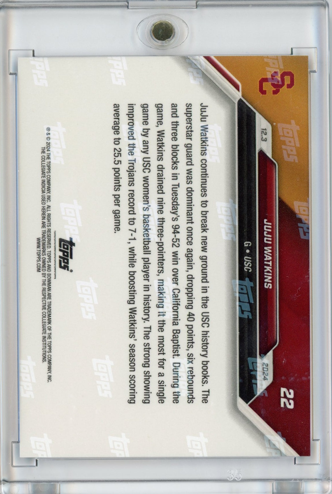 2024 Topps Bowman U Now JuJu Watkins #22 Blue #/49 USC Trojans Rookie RC Basketball Card - Sport Cards